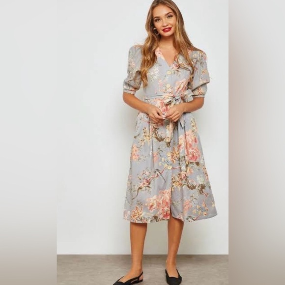 Mango Dresses & Skirts - NWT Women’s MANGO MNG Linen Goldy Gray Midi Floral Dress US Size 8